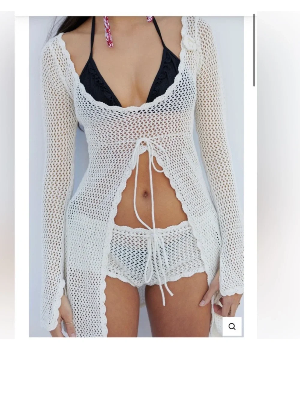 Frankies Bikinis Crochet Collette Cover Up Tunic Cream White XS